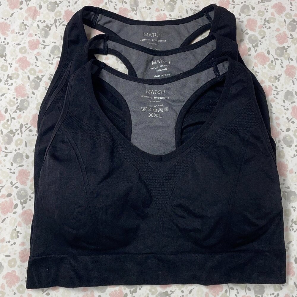Match XXL Racerback Sports Bras - Pack of 3 - Low Impact - Black - Like New